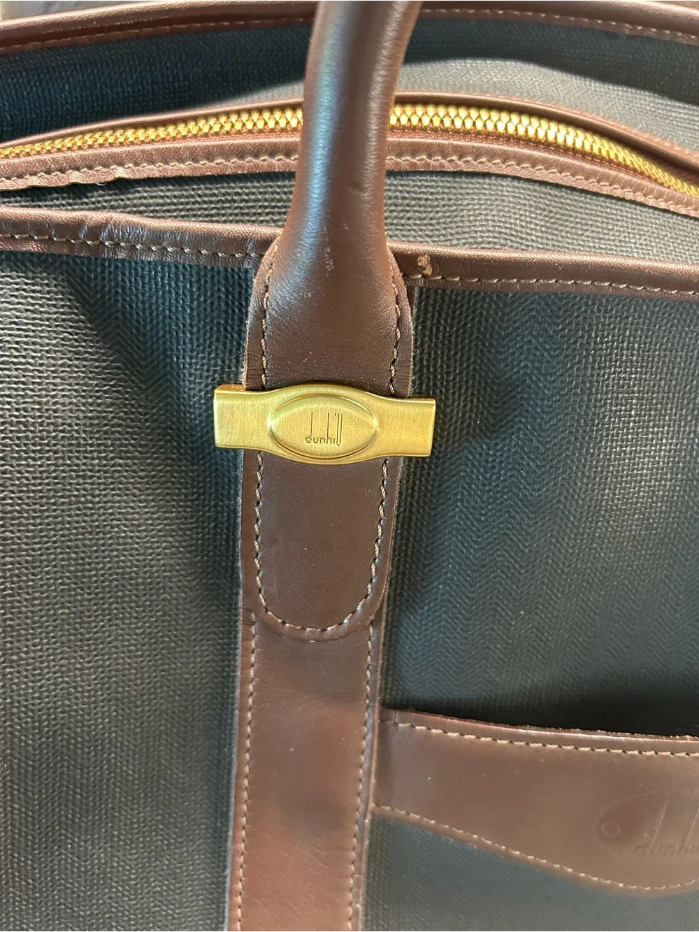 Dunhill Black Duffel with Brown Leather Trim and Gold Accents